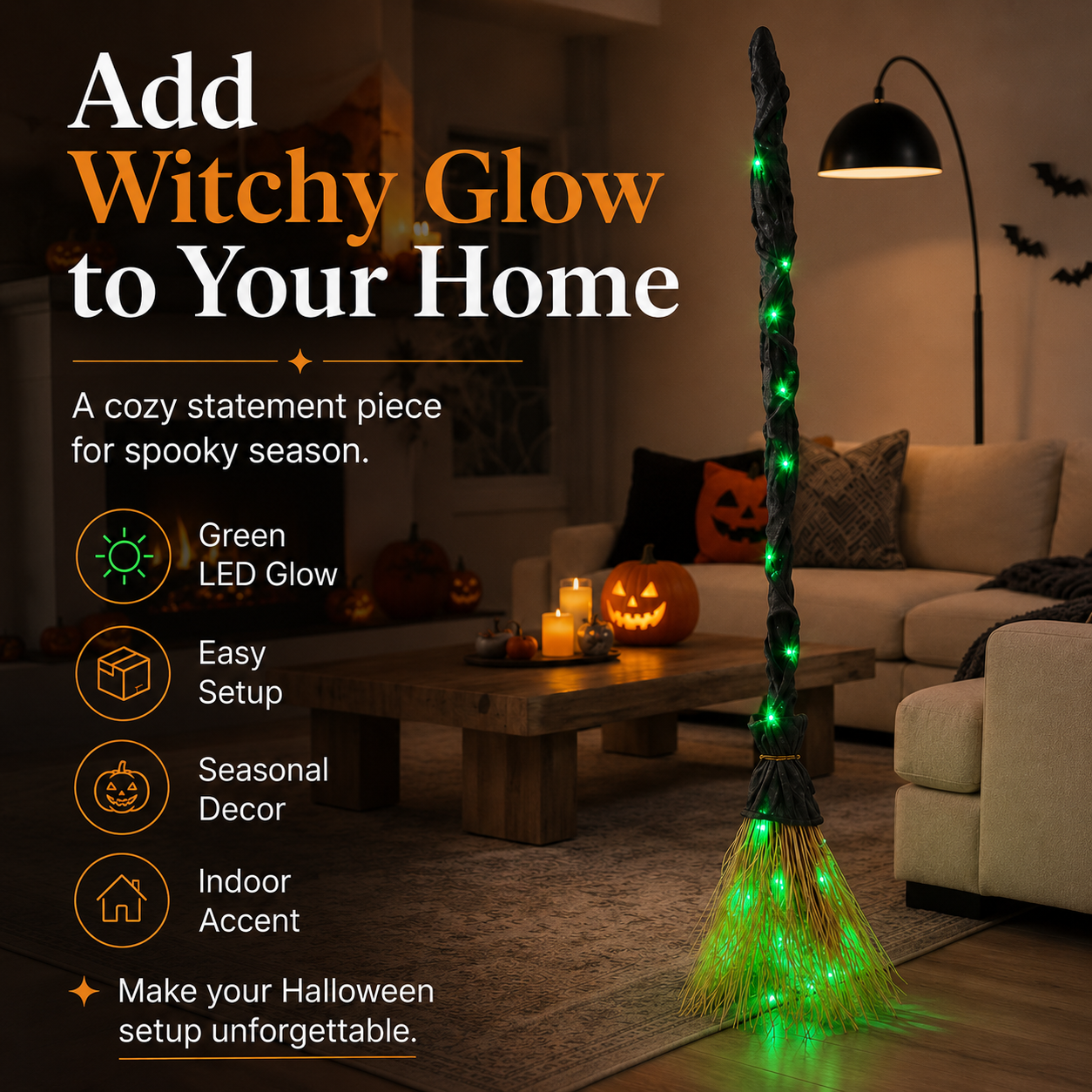 Glowing witch broom used as cozy indoor Halloween decor