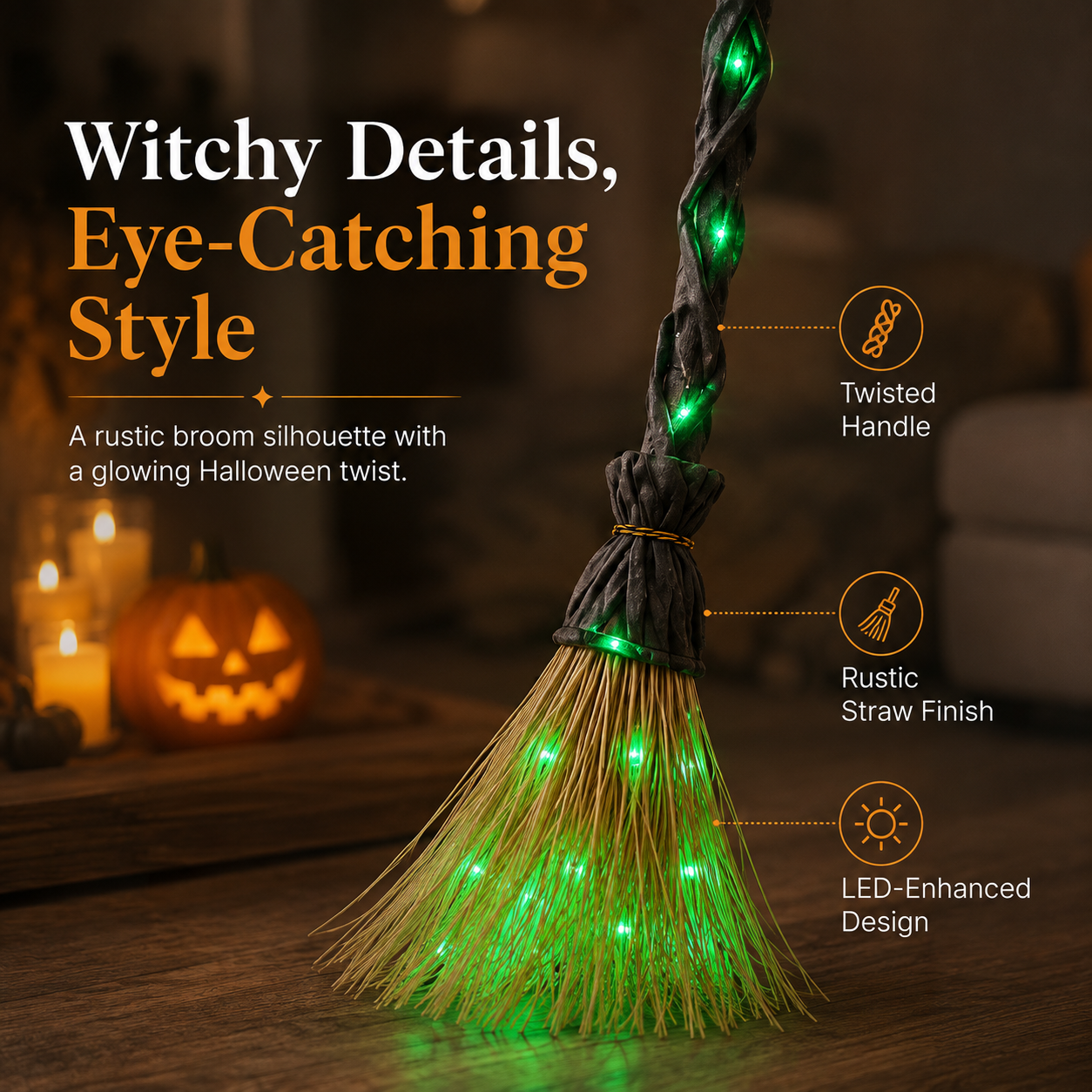 Witch broom details with twisted handle straw style finish and green lights