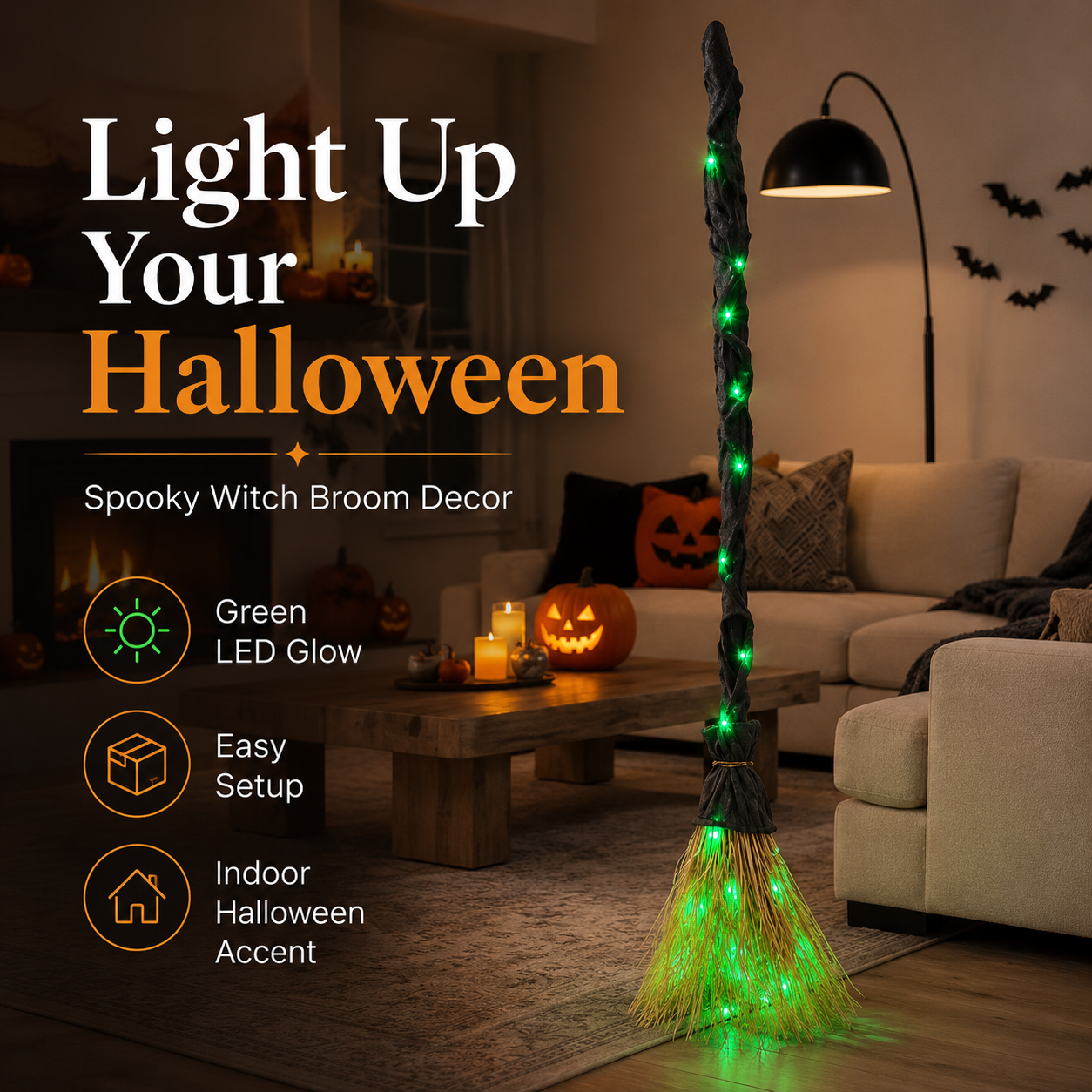 Light-up witch broom Halloween decoration with green lights