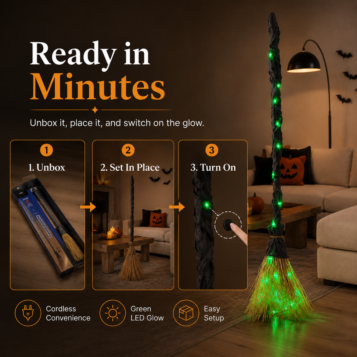 Three-step setup for glowing Halloween witch broom