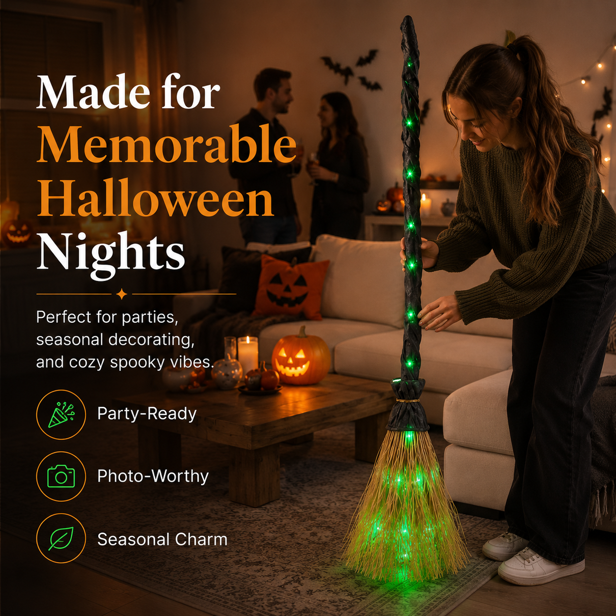 Woman decorating Halloween party room with glowing witch broom