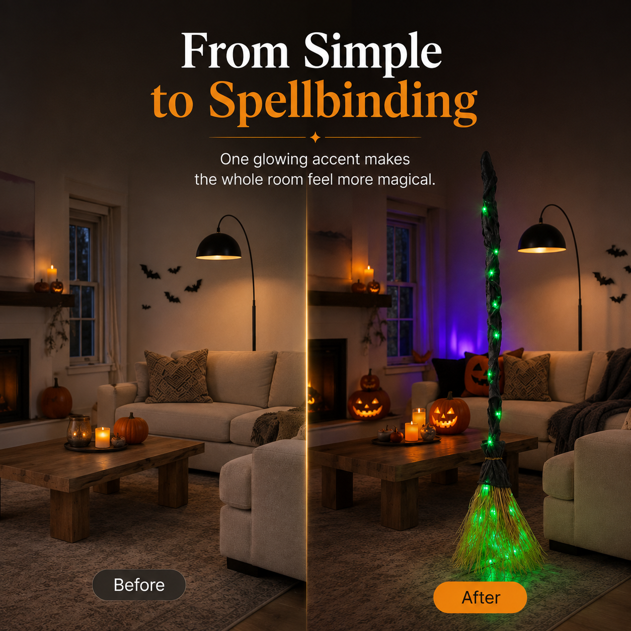 Before and after Halloween room with glowing witch broom decoration