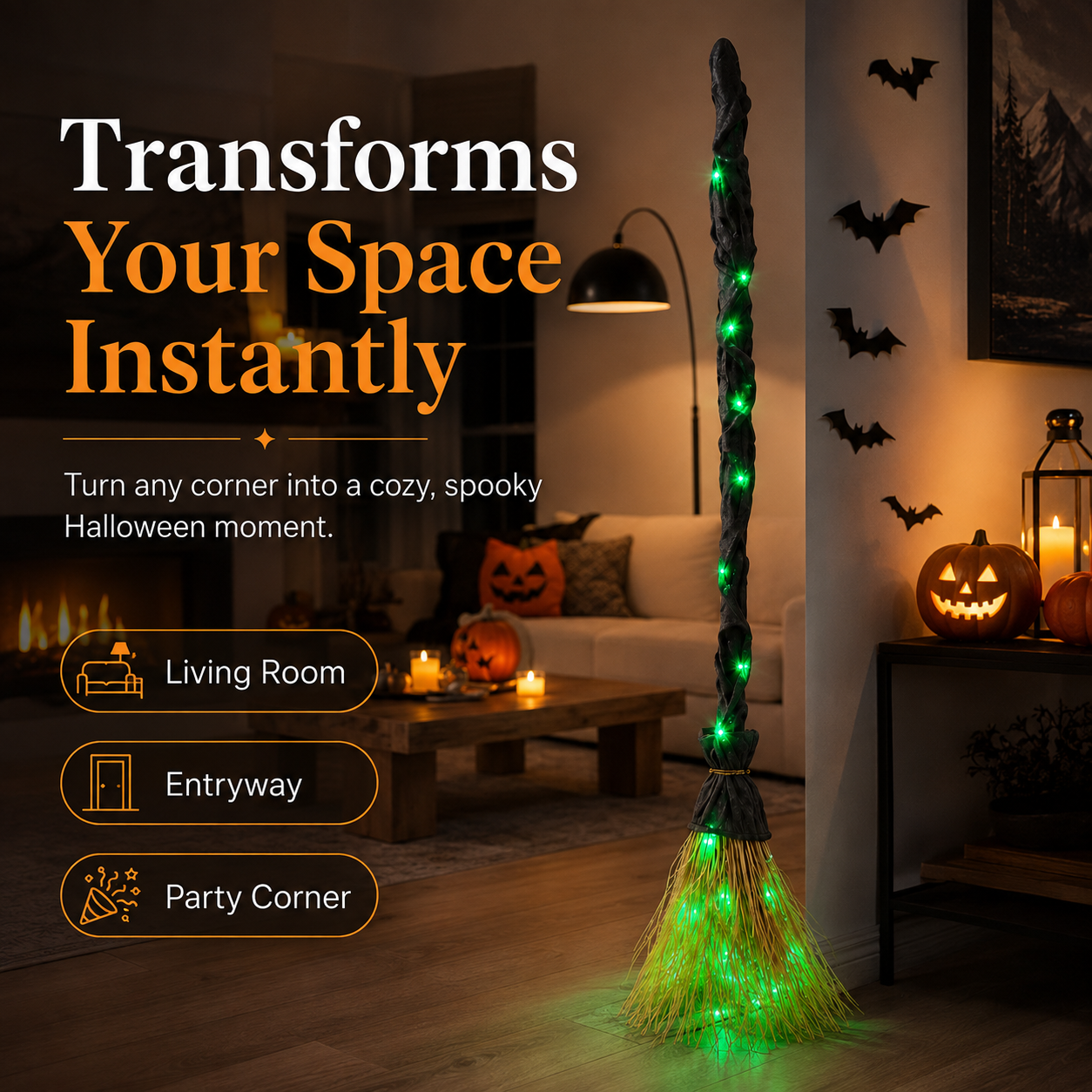 Halloween witch broom decoration in living room entryway and party corner