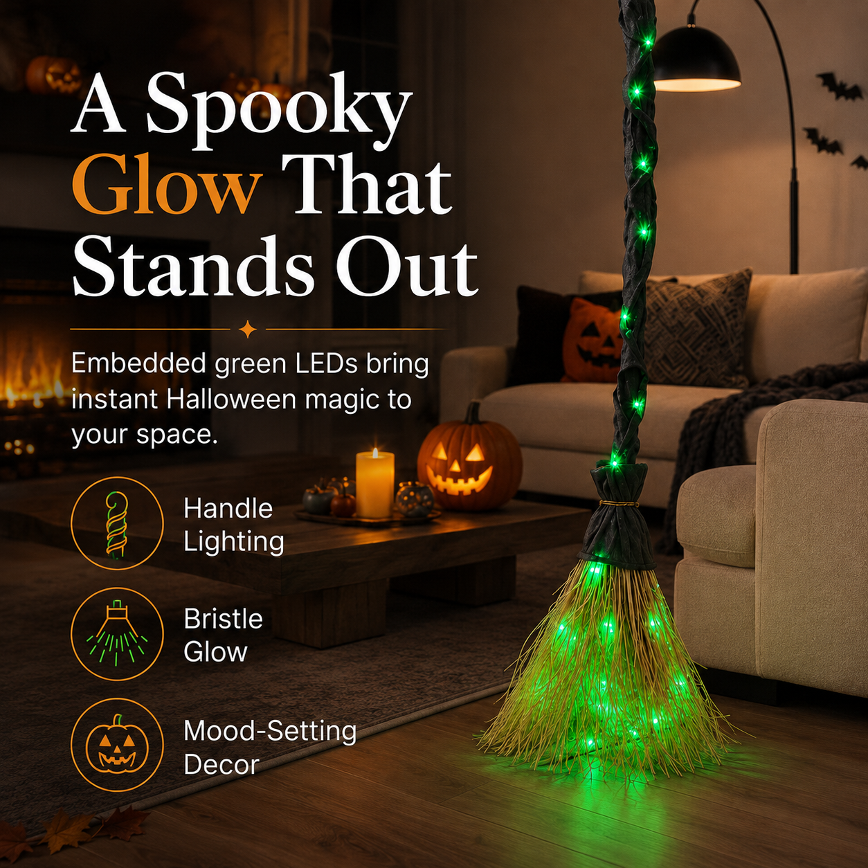 Green glowing witch broom Halloween decor